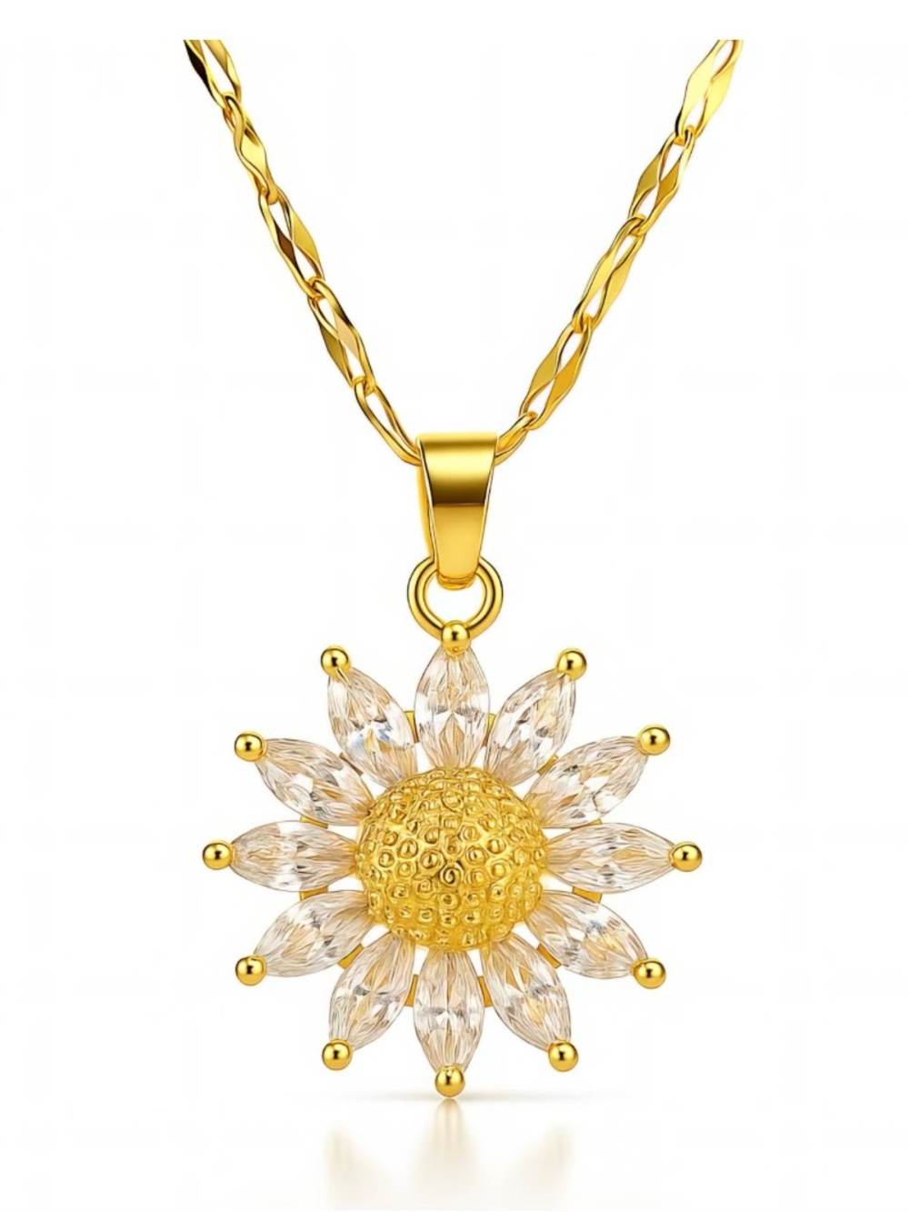 Gold Sunflower Necklace with Clear Crystal Petals